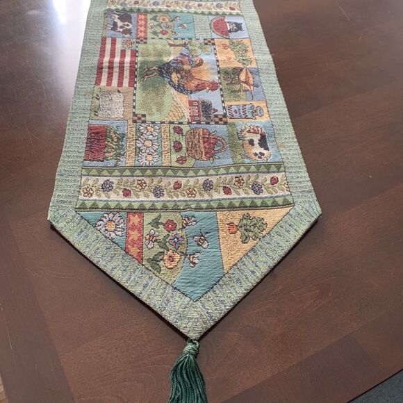 Farm table runner with animals pigs, roosters, cows, cat, corn, apples 70" X 12" - Picture 2 of 4